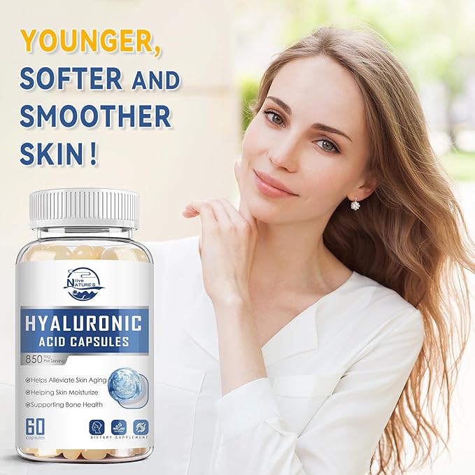 Nature's live Hyaluronic Acid Supplements, 850mg High Bioavailable Dietary Hyaluronic Acid Capsules, Double Strength Joint Lubrication, Skin Hydration, Hair & Nails Support, 60 Softgels, 1 Pack