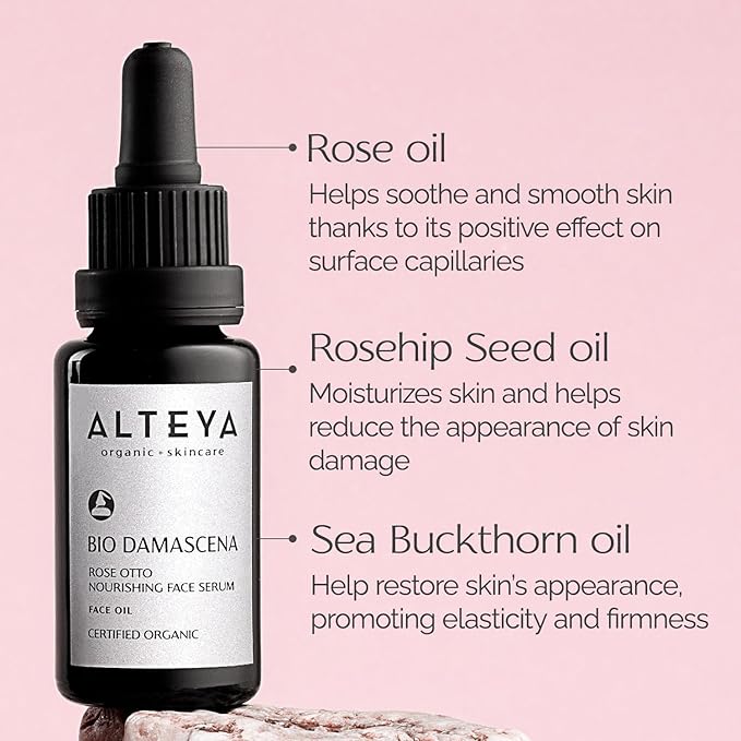 Alteya Organics Face Serum USDA Certified Organic Skin Care 0.68 Fl Oz/20 mL Bio Damascena Award-Winning Rose Otto Treatment With Organic Bulgarian Rose Oil Nourishing, Skin-reviving and Illuminating