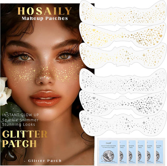 6 PCS Glitter Freckles Face Tattoo, Gold & Silver Waterproof Face Sparkle Speckles Patches for Women, Cute Star Metallic Glitter Temporary Tattoo Makeup Accessories for Festival #Set B