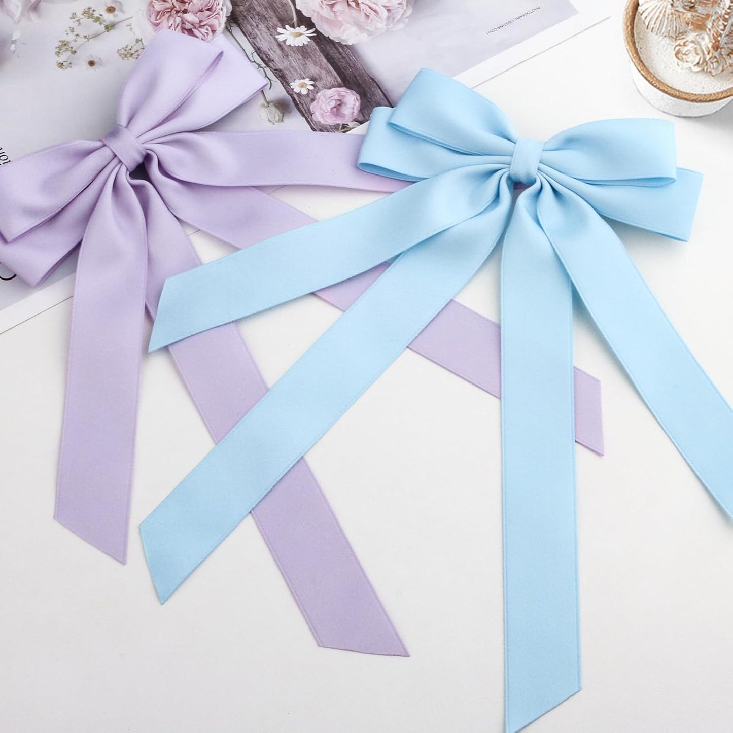 Bow Hair Clips 2PCS Set for Women and Girls - Black White Ribbon Bows for Hair, with Long Tail, Alligator Clip (Purple & Blue)