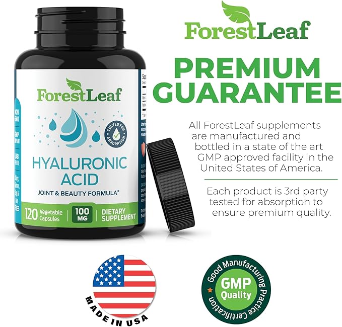 ForestLeaf Hyaluronic Acid Supplements | 100mg High Bioavailable Dietary Hyaluronic Acid Capsules, Pills + 50mg VIT C | Supports Skin Hydration, Joint Lubrication, Anti-Aging, Hair & Nails | 120 Caps