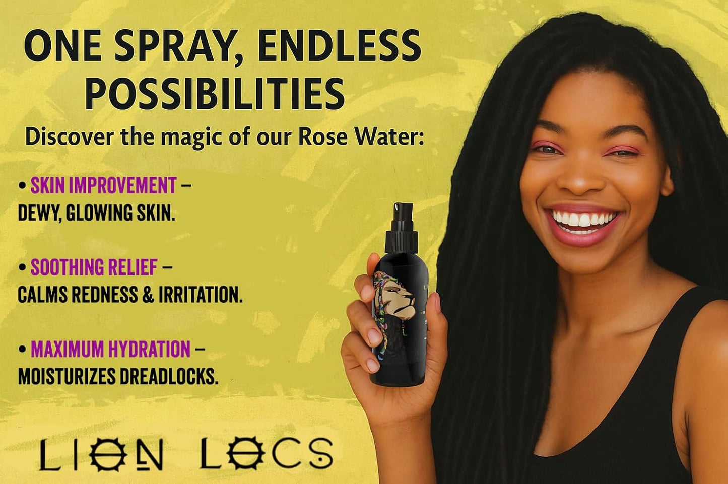 Lion Locs Rosewater Spray for Dreads and Locs - Organic Vegan Conditioner with Aloe, Oils, Vitamins, and Glycerin