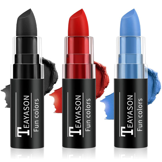 Red Blue Black Face Paint Halloween Makeup Kit, Matte Lipstick Set Football Baseball Eye Black Stick, Body Paint Face Makeup for Halloween Zombie Clown Vampire Joker