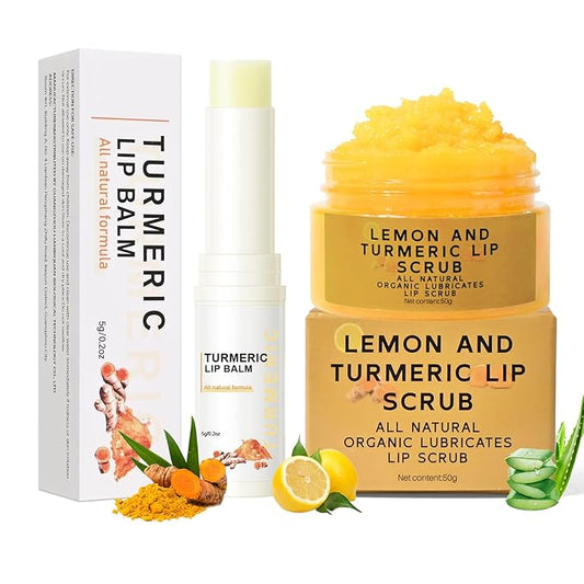 Turmeric Lip Treatment Kit for Dark Lips, Sugar Lip Scrub&Lip Balm for Smokers, Lip Exfoliator Scrub for Hydration Chapped and Cracked Peel Lips