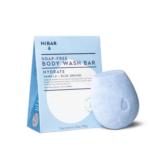 HIBAR - Hydrate Solid Body Wash Bar - Moisturize & Quench - Snow mushroom and hyaluronic acid - Daily Use & Sensitive Skin - Plastic, Paraben & Soap-Free - Vegan - Vanilla + Blue Orchid