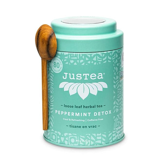 JusTea PEPPERMINT DETOX | Loose Leaf Herbal Tea | Tin with Hand Carved Tea Spoon | 40+ Cups (1.6oz) | Caffeine Free | Award-Winning | Fair Trade | Non-GMO