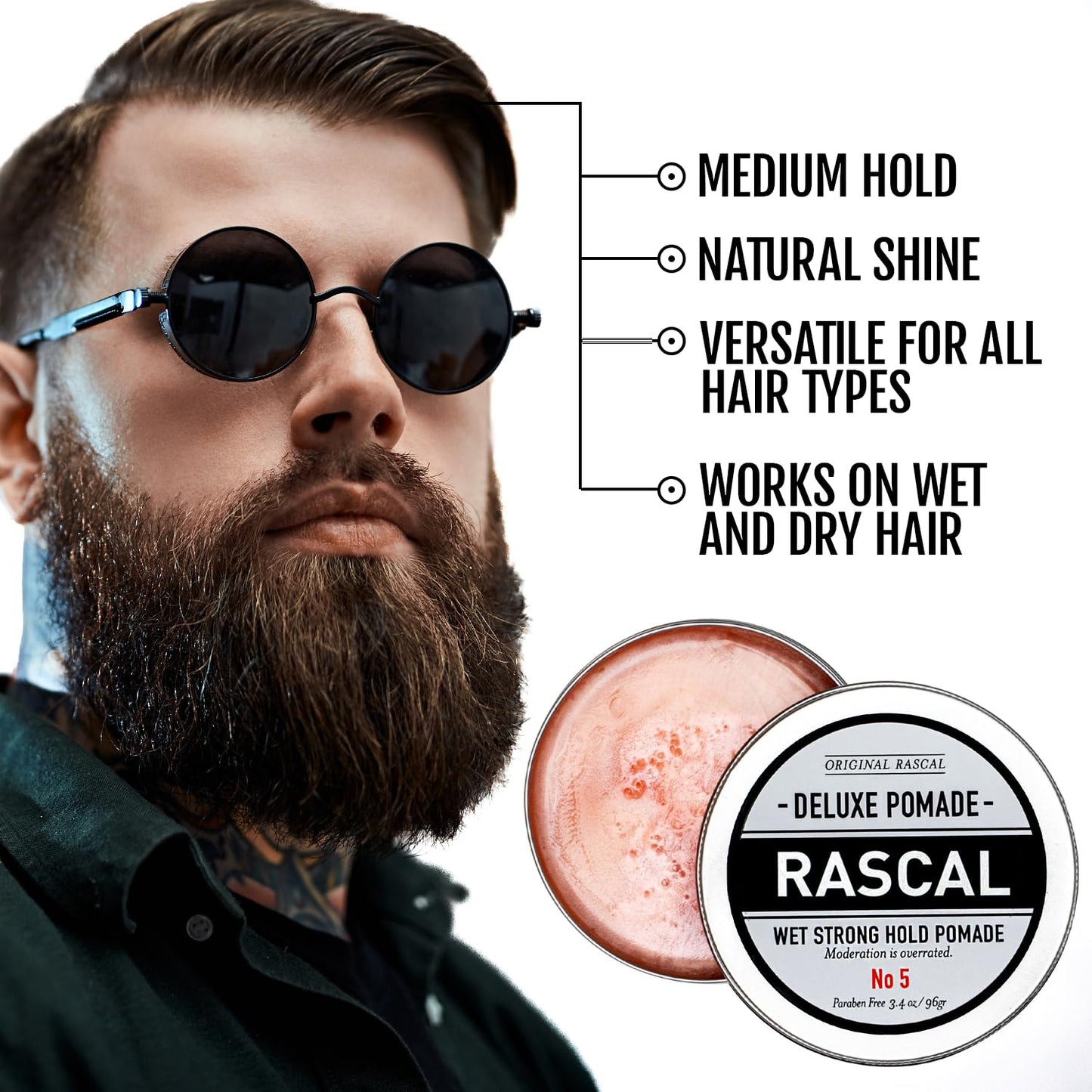 Original Rascal Deluxe Pomade #5 - Hair Paste High Shine w/Strong Hold & Wet Look - Men's Styling Care Solution for All Hair Type - Natural Made with Ceteareth-25 & Castor Oil for Hair Growth Health