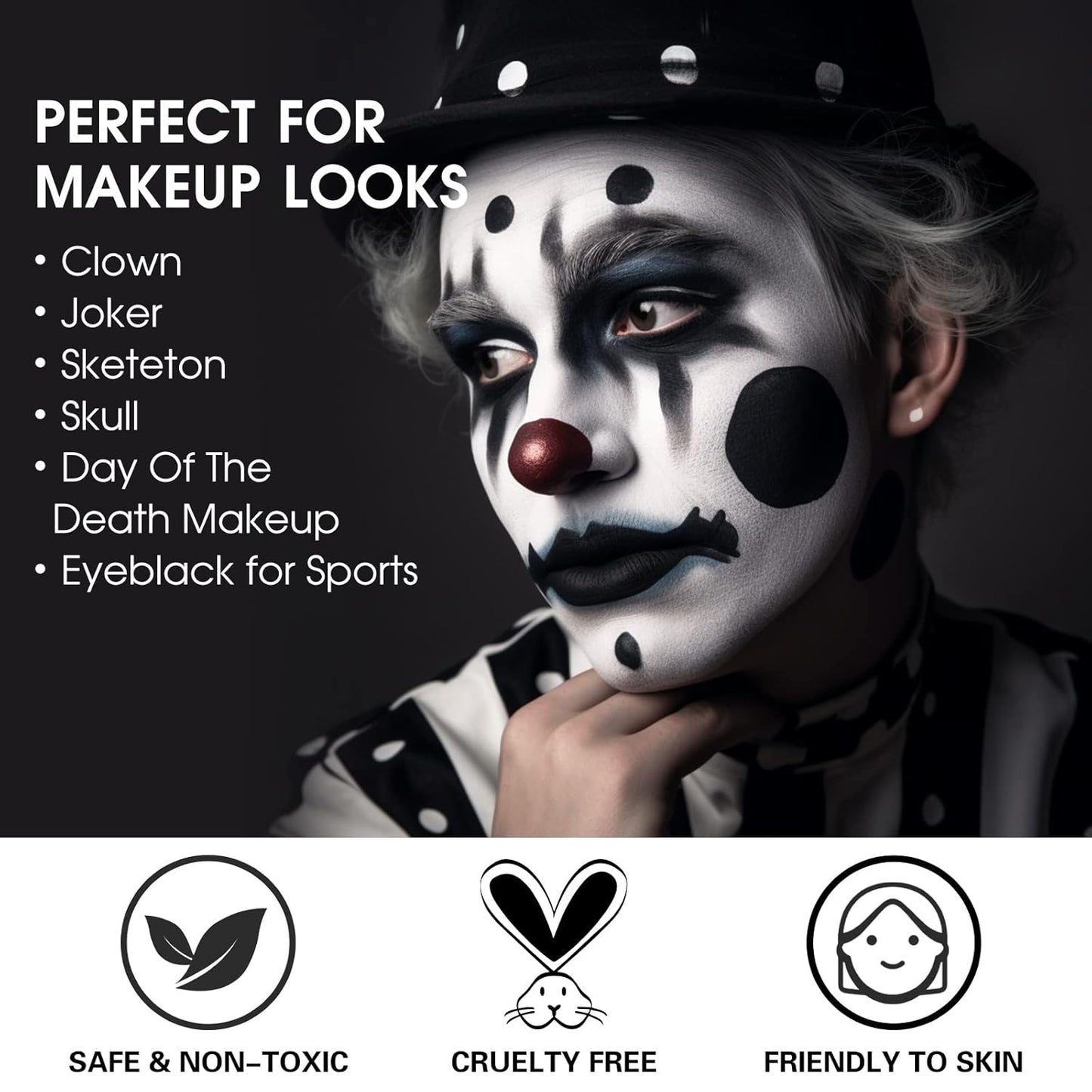 BOBISUKA Black White Face Paint Stick with Setting Powder Set, Eye Black Sticks for Sports, Body Paints for Clown Skeleton Vampire Skull Cosplay Special Effects Costume SFX Halloween Makeup Kit