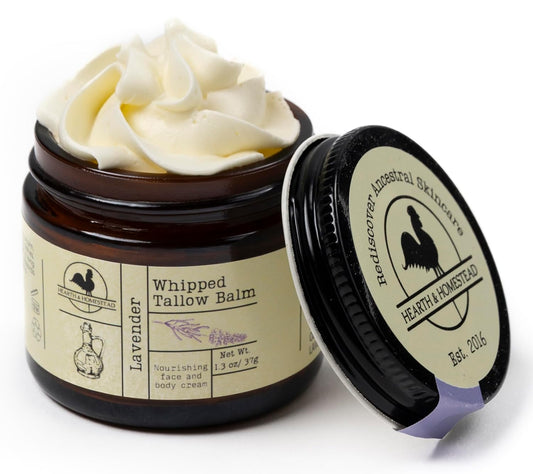 Hearth and Homestead: Handmade Whipped Tallow Balm, Organic, Moisturizer, Body Butter with Infused Olive Oil, for Eczema, Rosacea, Baby (Lavender)