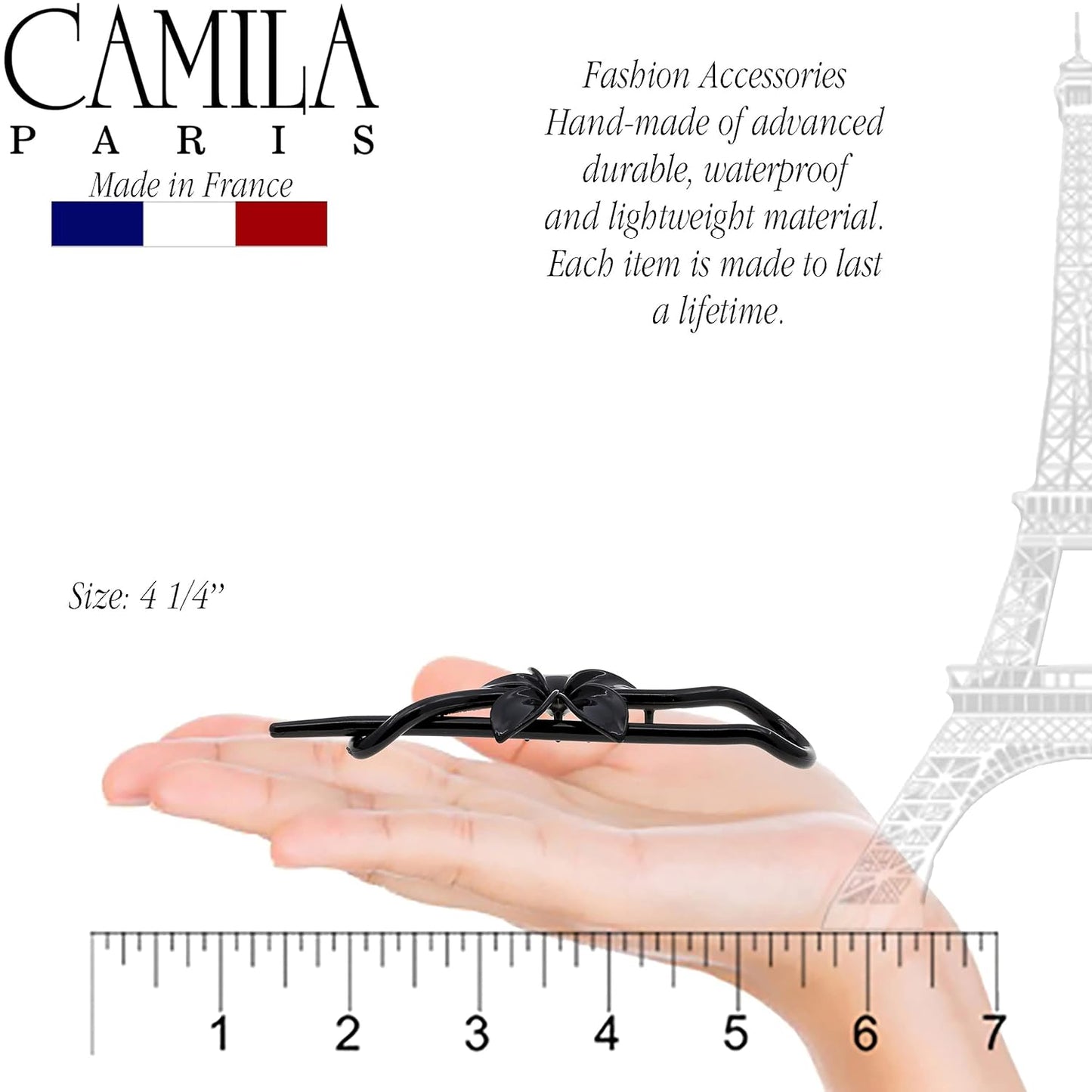 Camila Paris CP1593 French Hair Barrette Pin Clips for Girls, Flower, Black, No Metal Parts, Strong Hold Grip Hair Clips for Women, No Slip Styling Girls Hair Accessories, Made in France