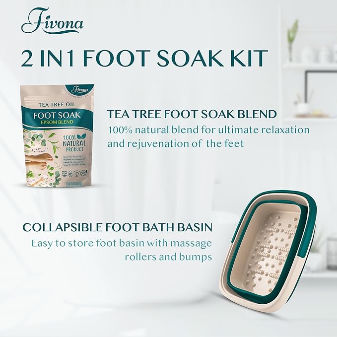 Fivona Foot Care Kit 2 in 1 - Foot Soak Blend with Epsom Salt, Tea Tree & Essential Oils - Collapsible Foot Soak Basin - Pedicure Spa Soak for Tired Feet, Cracked Heels, Stubborn Foot Calluses