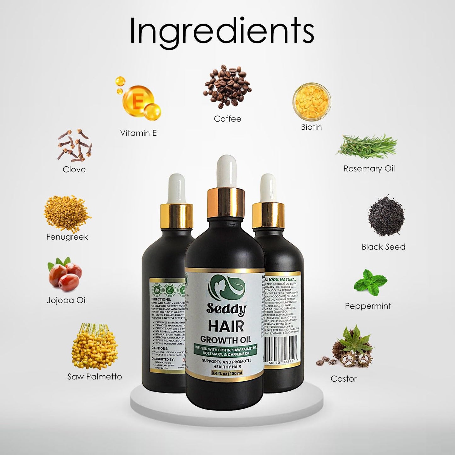 Seddy Rosemary Mint Hair Growth Oil – Caffeine, Rosemary, Castor, Biotin, Peppermint, Argan & Jojoba | Hair Growth Oil & Scalp Treatment for Thicker, Fuller, Healthier Hair -3.4 Fl. Oz