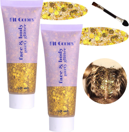 Body Glitter Face Glitter Gel: Singer Concerts Disco Festival Rave Accessories Face Glitter Makeup 150ml Chunky Sequins Mermaid Face Body Hair Glitter Gel (2 Gold)