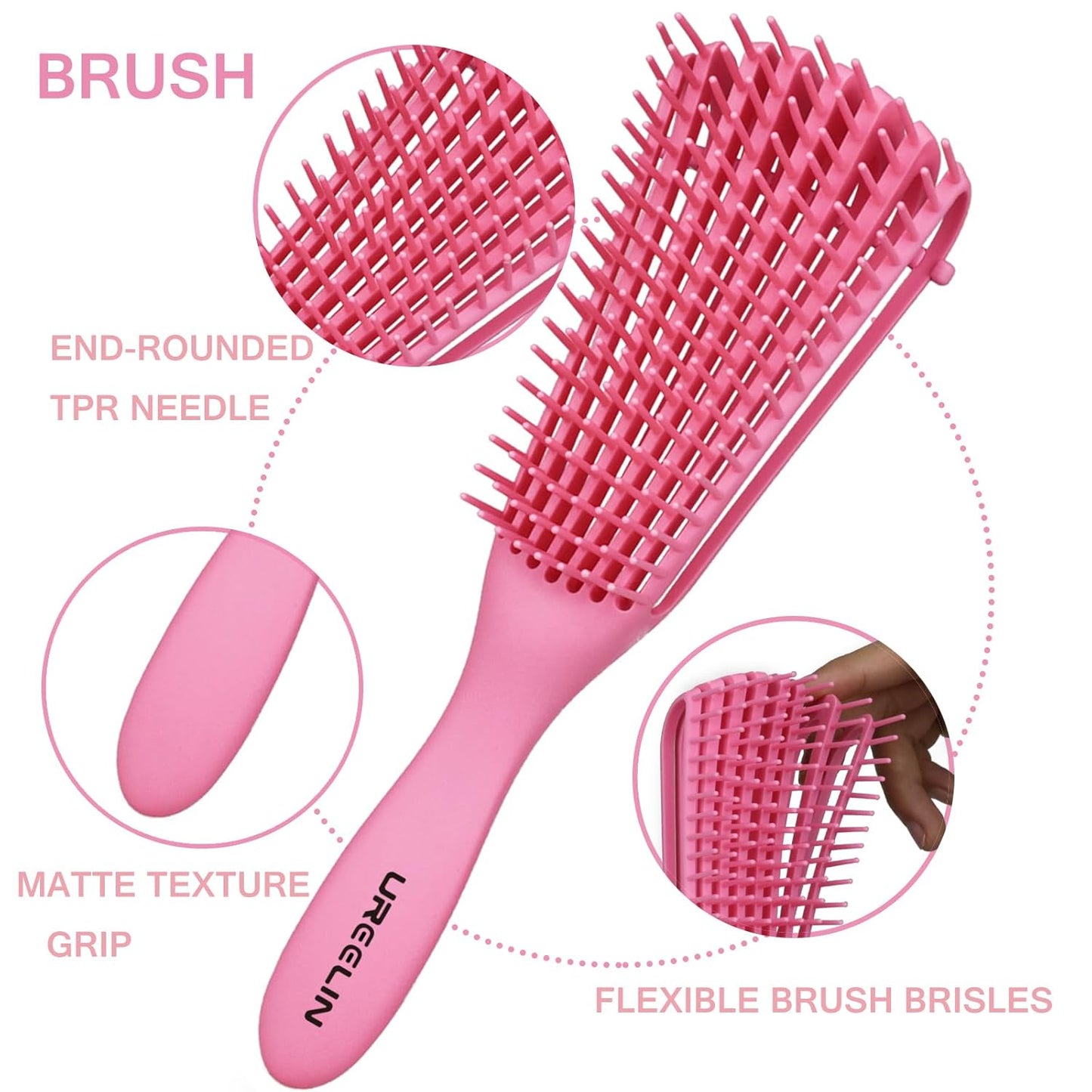 Detangler Brush Set for 3a,4c,Wig/Thick/Wavy/Curly/Wet Slick Back Hair Brushes,Rat Tail Combs,8-Row,Edge Brush,For braiding,teasing,parting,styling,kids,girls,women(Pink)