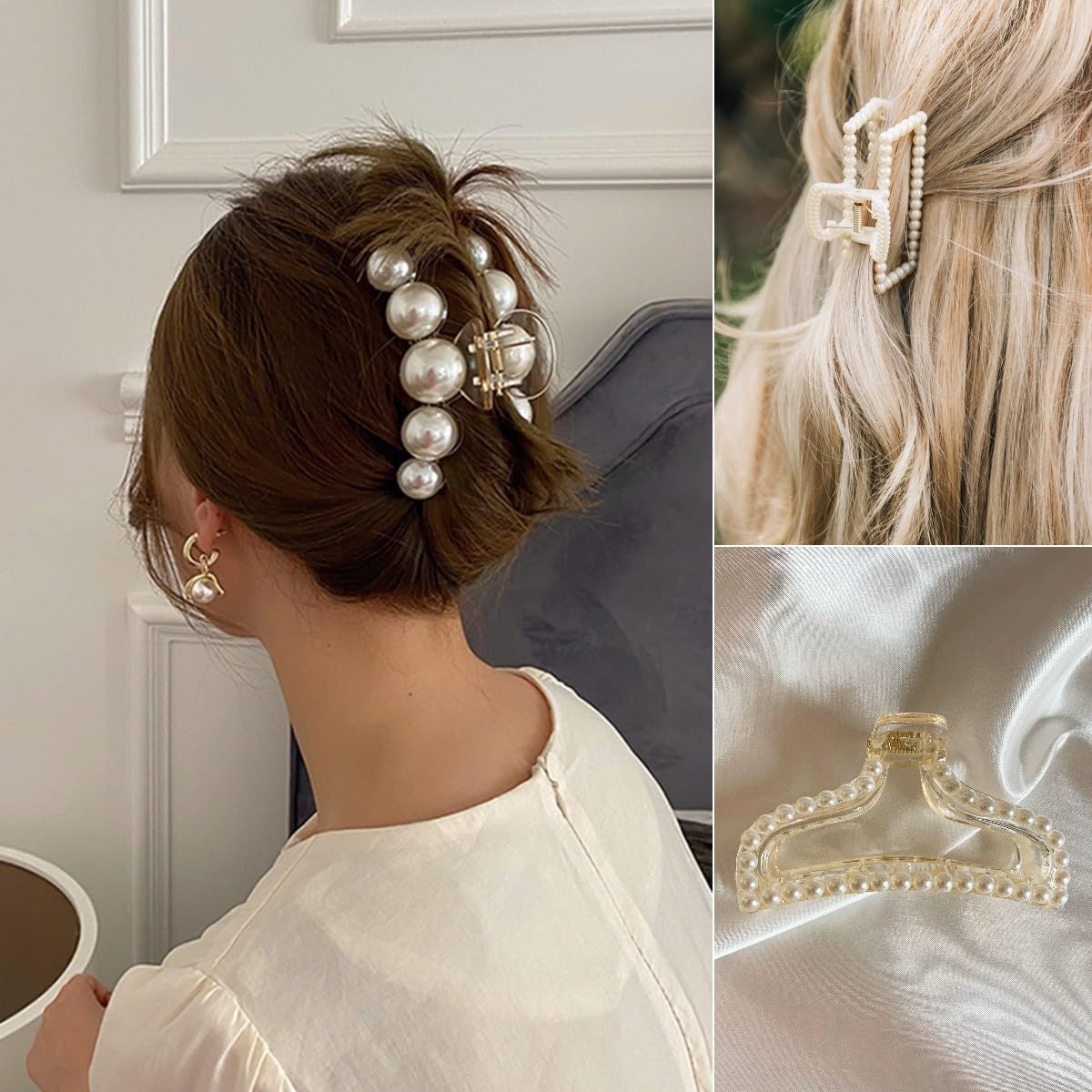 Leezmark Pearl Hair Claw Clips, Large Barrettes for Thin, Thick, Curly or Long Hair, White Jaw Clips Hair Accessories for Women and Girls