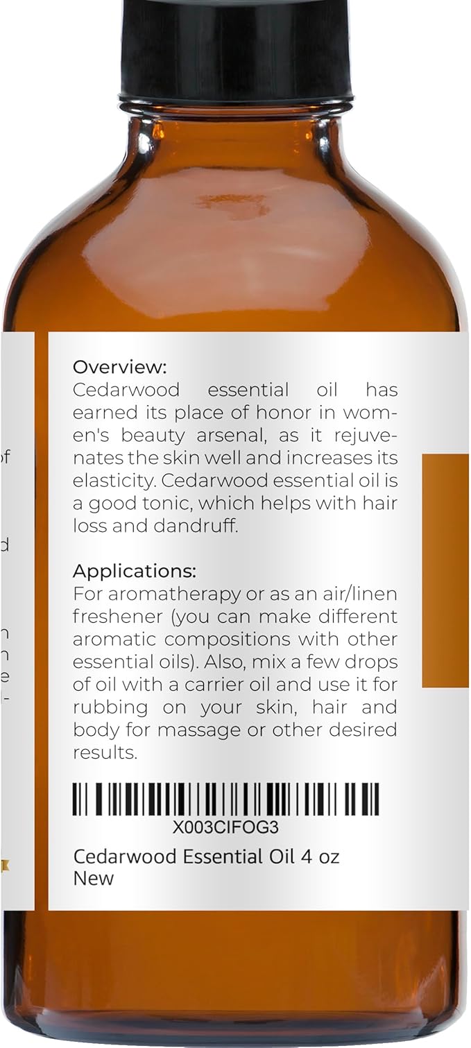 velona Cedarwood Essential Oil 4 Fl Oz | Therapeutic Grade 100% Pure and Natural | for Aromatherapy Diffuser, Massage, Skincare, Haircare, Soapmaking