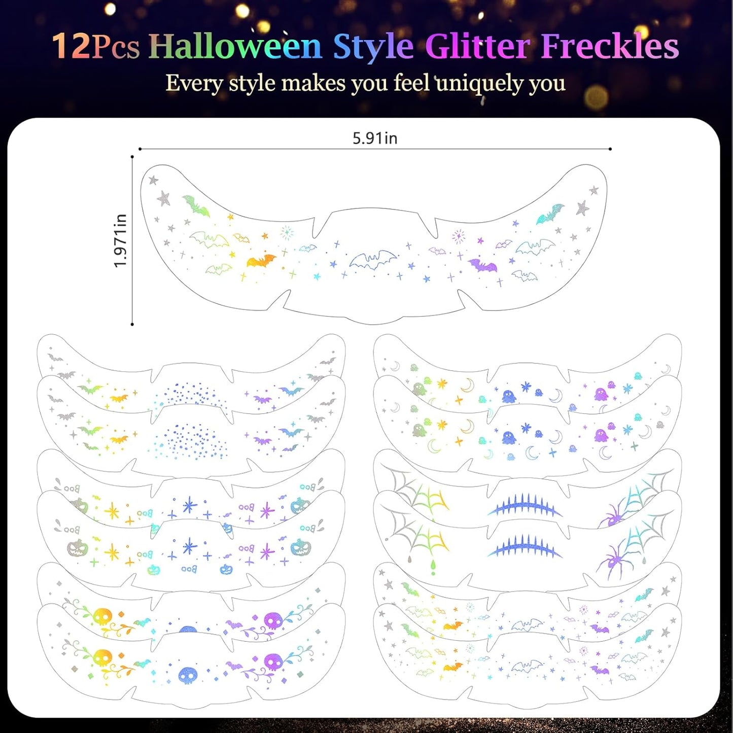 HyperFun 12Pcs Halloween Face Glitter Freckles, Glitter Freckles Face Tattoo Sticker, Holographic Multichrome Waterproof Sparkle Freckles Makeup Patches for Women Rave Festival Accessories Party Prom