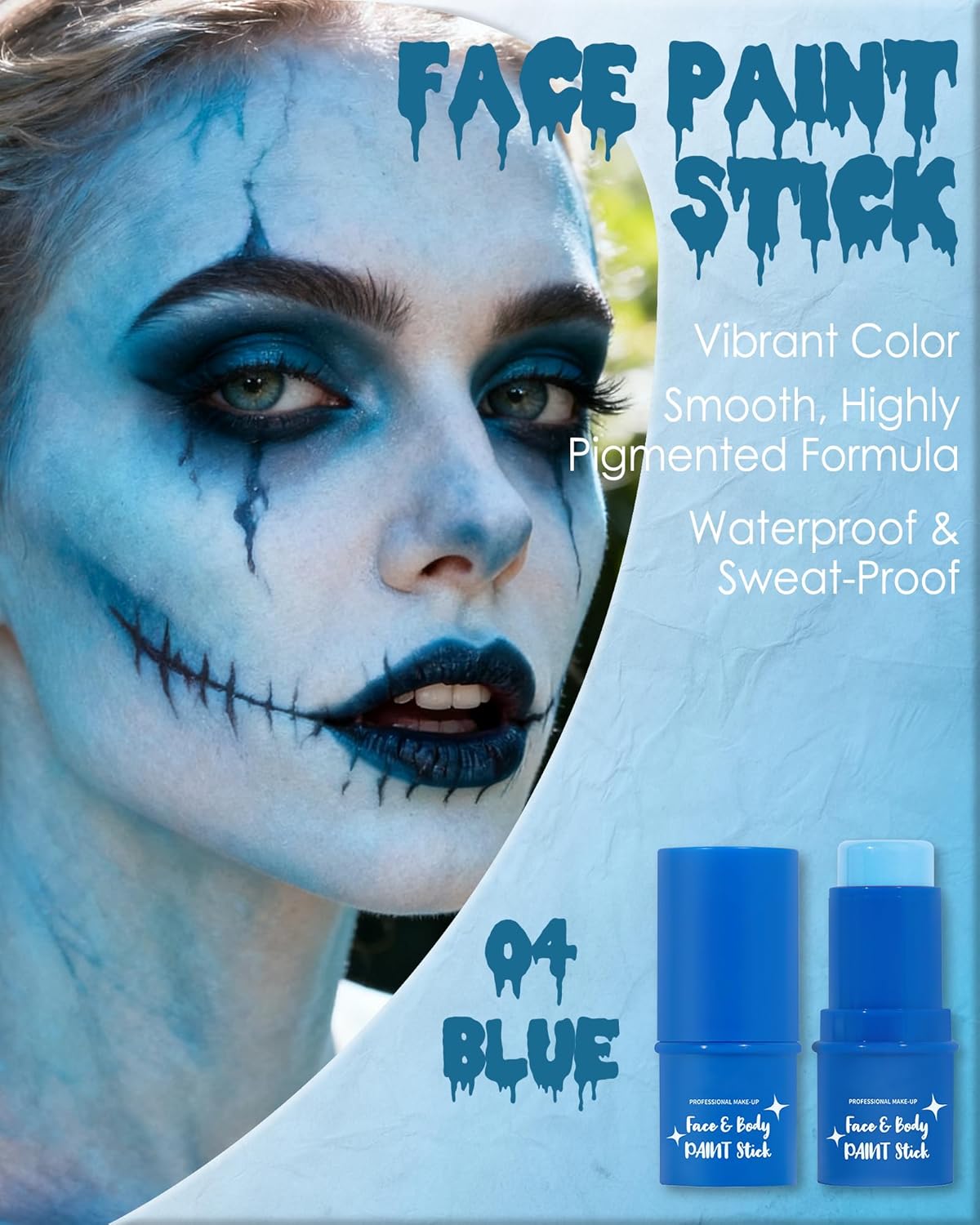 Blue Face Paint Stick, Waterproof Highly Pigmented Full Blue Face Paint for Adults, Eye Black Stick for Baseball Football Sports, Body Painting for SFX Cosplay Halloween Makeup-04