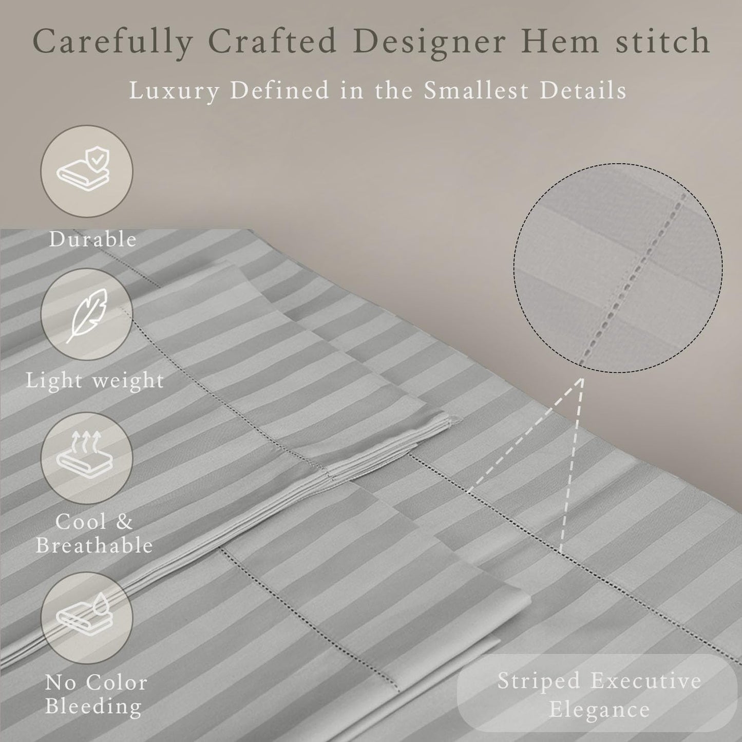 Threadmill 500 Thread Count Twin Size Damask Stripe, 3 Pc Luxury Cotton Bedding Set, Breathable Light Grey Sheets with 15" Elasticized Deep Pocket, 1 Pillowcase & Free Tote Bag