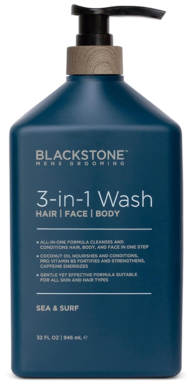 Blackstone Men's Grooming 3-in-1 Wash for Men | Cleanses & Conditions Hair, Body, & Face | For All Skin & Hair Types | With Coconut Oil, Vitamin B5 and Caffeine - Sea & Surf (32 Fl Oz)
