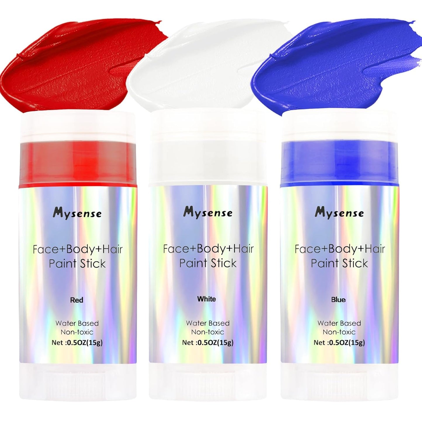 Mysense Red White and Blue Face Body Paint Stick,USA Flag Pride Patriotic Face Paint,4th of July Accessories,Water Based Temporary Hair Color,Halloween SFX Cosplay Clown Makeup,0.5oz/pc
