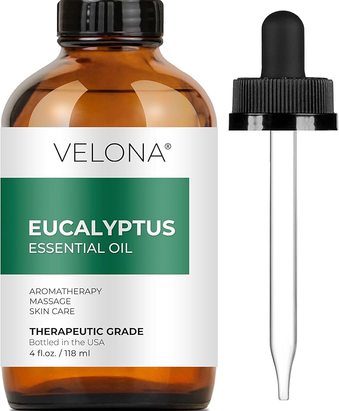 Eucalyptus Essential Oil by Velona - 4 oz | Therapeutic Grade 100% Pure and Natural | for Aromatherapy Diffuser, Massage, Skincare, Haircare, Soapmaking | Undiluted and Multipurpose in Glass Bottle