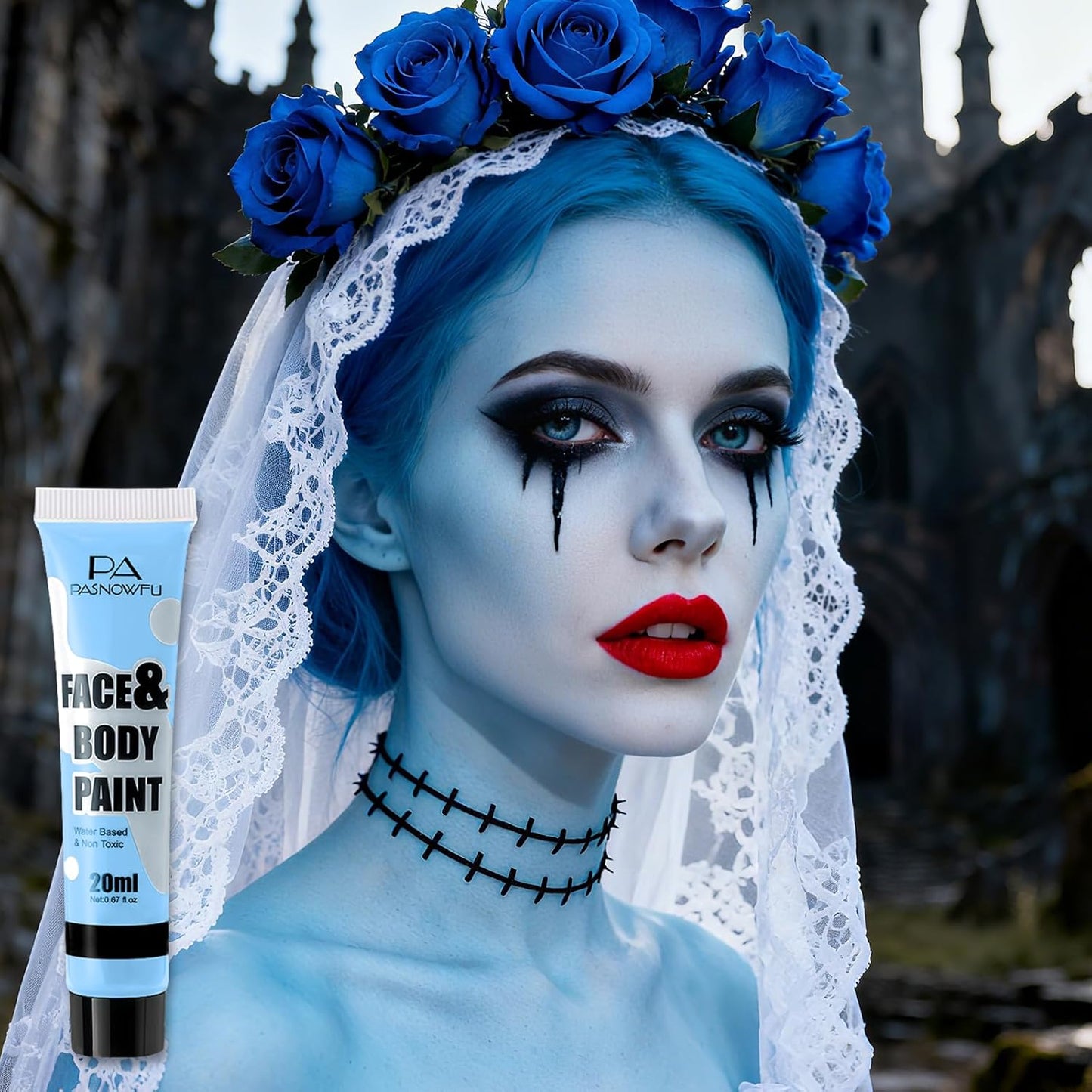 Light Blue Face Paint - Professional Water-Based Non-Toxic Body Painting for Avatar Sally Halloween SFX Cosplay, Highly Pigmented Washable paint for Costume Party Stage Performance