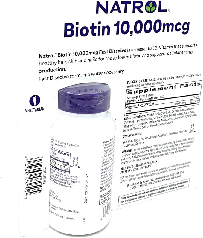 Natrol Biotin 10000 mcg, Strawberry Flavor, Fast Dissolve Tablets, Extra Strength, 250 Count