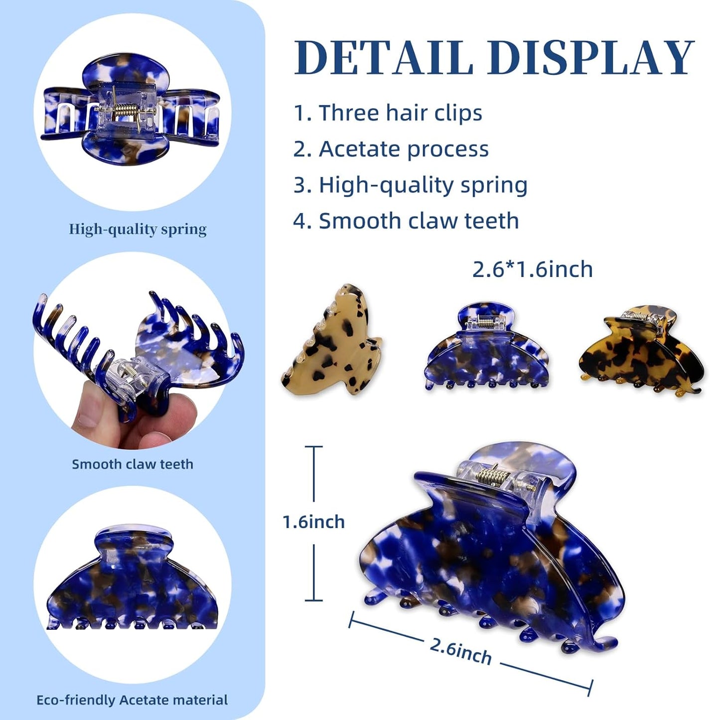 3 Pack Women's Hair Clips Set - Vintage Tortoise & Leopard Print Non-Slip Claw Clips, Celluloid Jaw Clamps for Medium Hair Hair Accessories Gift for Women