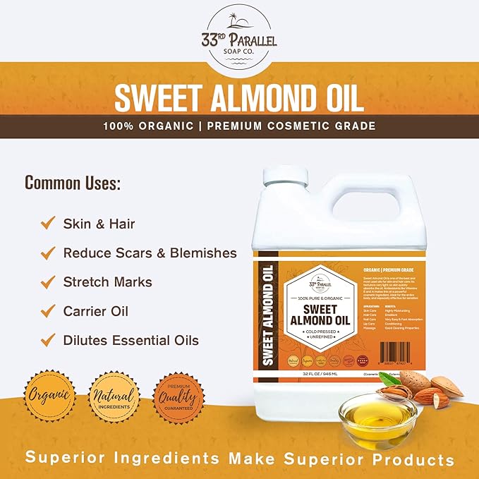 ORGANIC SWEET ALMOND OIL (8 oz) Premium Cold Pressed Unrefined | 100% Pure Sweet Almond Oil for Skin, Face, Hair, Soap Making | Carrier for Essential Oils | Available in Bulk | 8 FL OZ