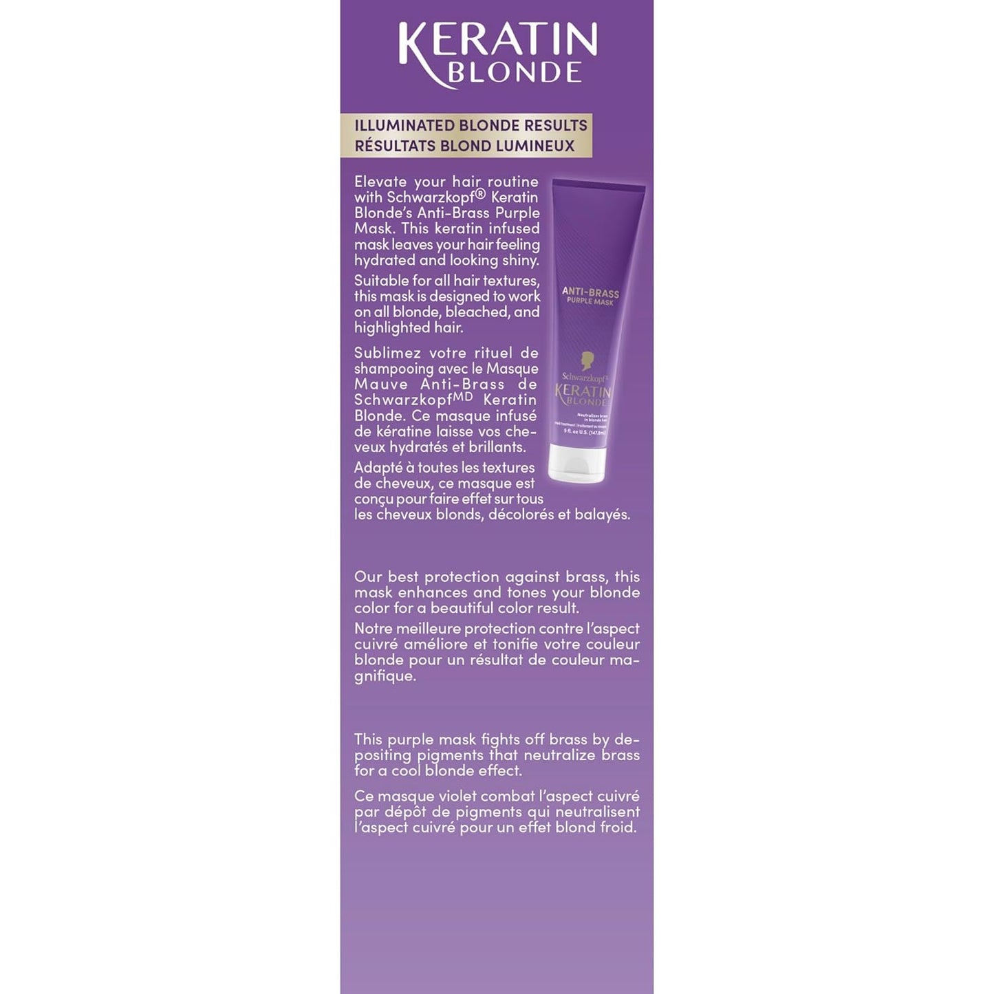 Schwarzkopf Keratin Blonde Anti-Brass Purple Mask, 5 fl oz, Helps Strengthen Hair, Bond Enforcing Care, Tones Brassiness & Yellow Tones, Adds Hydration, For Bleached, Highlighted & Blonde Hair Types