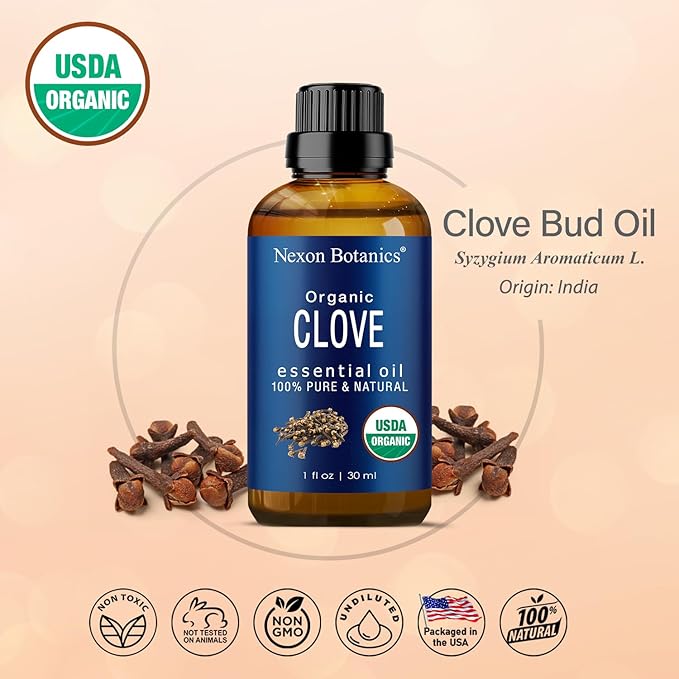 Organic Clove Essential Oil 30 ml - Pure, Natural, Undiluted for Toothache, Sore Muscles, Skin & Hair Care - Soothing Clove Bud Essential Oil - Nexon Botanics