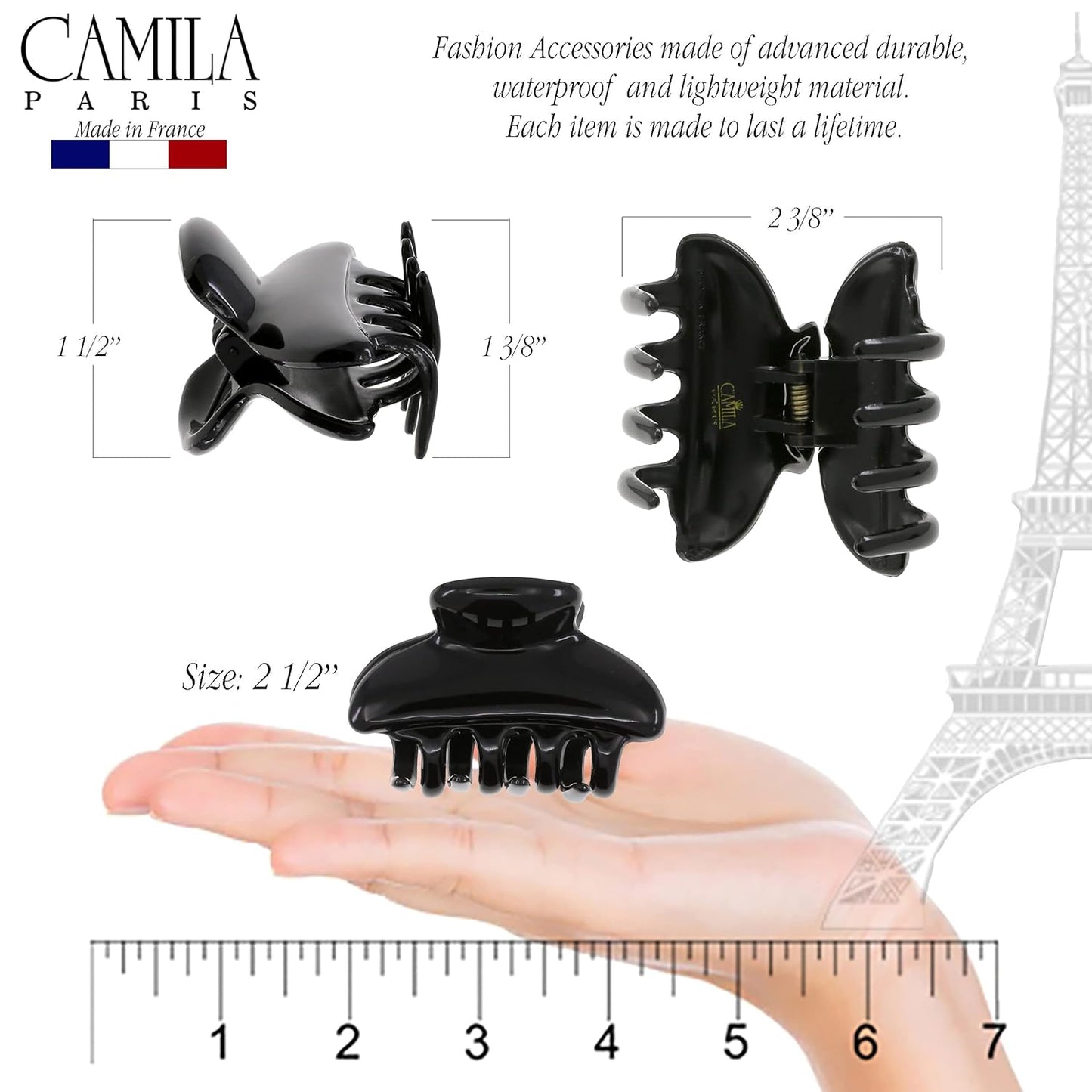 Camila Paris CP3550 French Hair Clip for Women, Small, Black 2.5 Inch Girls Hair Claw Clips Jaw Fashion Durable Styling Hair Accessories for Women, Strong Hold No Slip Grip, Made in France