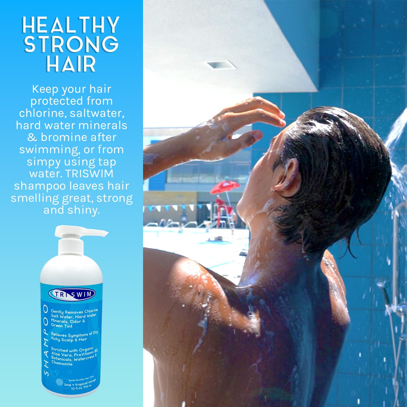 TRISWIM Chlorine Removal Shampoo 32oz | Removes Chlorine, Bromine, Hard Water Minerals & Saltwater | Hydrates & Restores Hair | Safe for Color-Treated Hair | Lime + Tropical Mango Scent