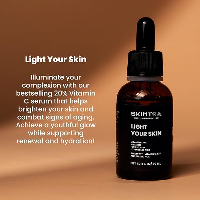 Light Your Skin Vitamin C 20% & Ferulic Acid Serum - Brightening Anti-Aging Formula with Vitamin E - Fades Dark Spots & Improves Skin Tone - Vegan, 30 ml/Net 1.01 Fl. Oz