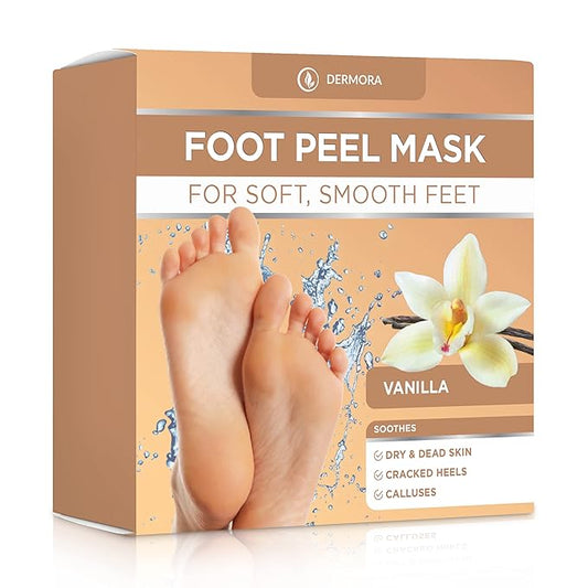 DERMORA Foot Peel Mask - 2 Pack of Large Size Skin Exfoliating Foot Masks for Dry, Cracked Feet, Callus, Dead Skin Remover - Feet Peeling Mask for baby soft feet, Vanilla Scent