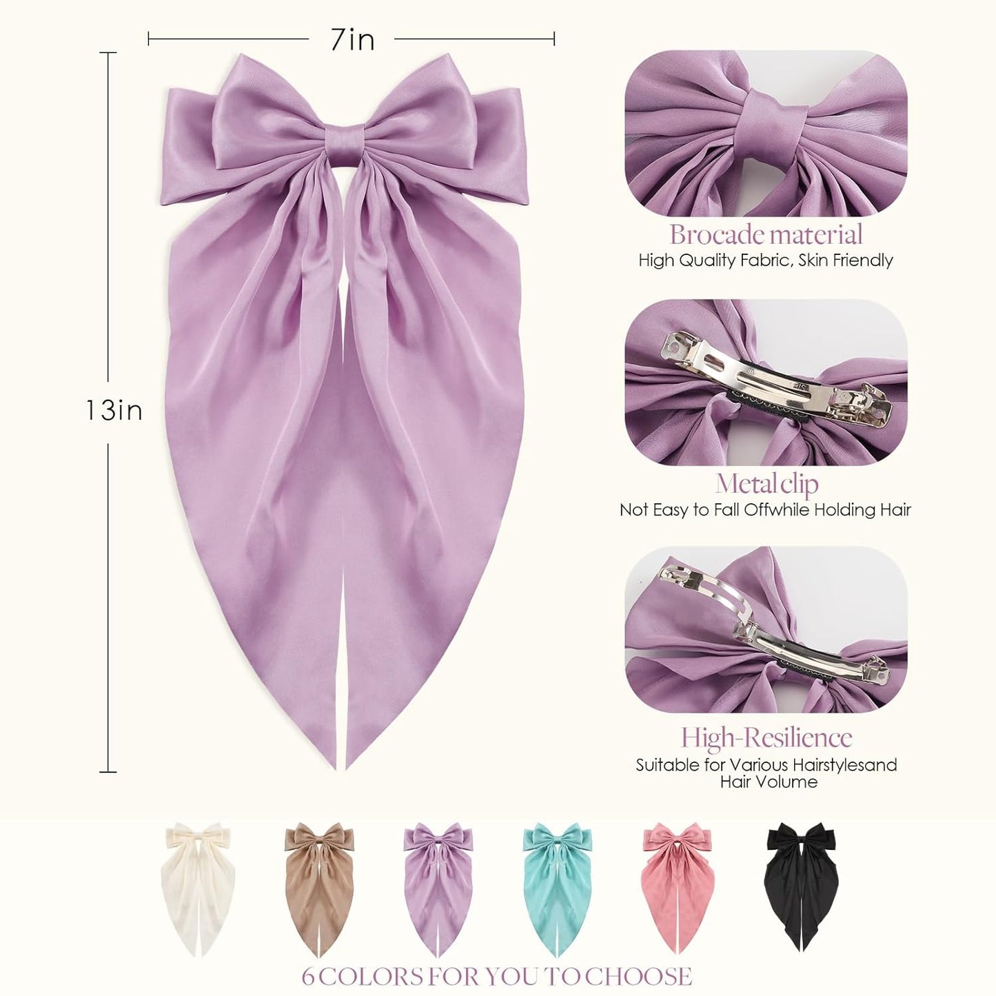 6 PCS Hair Bows for Women, Big Bow Hair Clips for Girls, Silky Satin Hair Bows Clips Oversized Long Tail, Large Cute Aesthetic Hair Accessories, Metal Bow Hair Clips Holiday Gifts