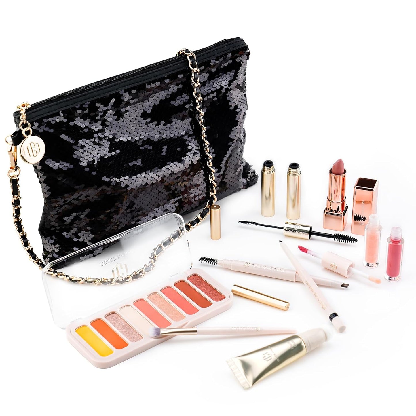 Color Nymph Full Cosmetics Set for Beginner, Makeup Gift Kit for Girls, Women & Teens, Sequin Make up Bag for Starters Includes Lip Gloss, Lipstick, Liquid Blush, Eye shadow Palette, Mascara etc