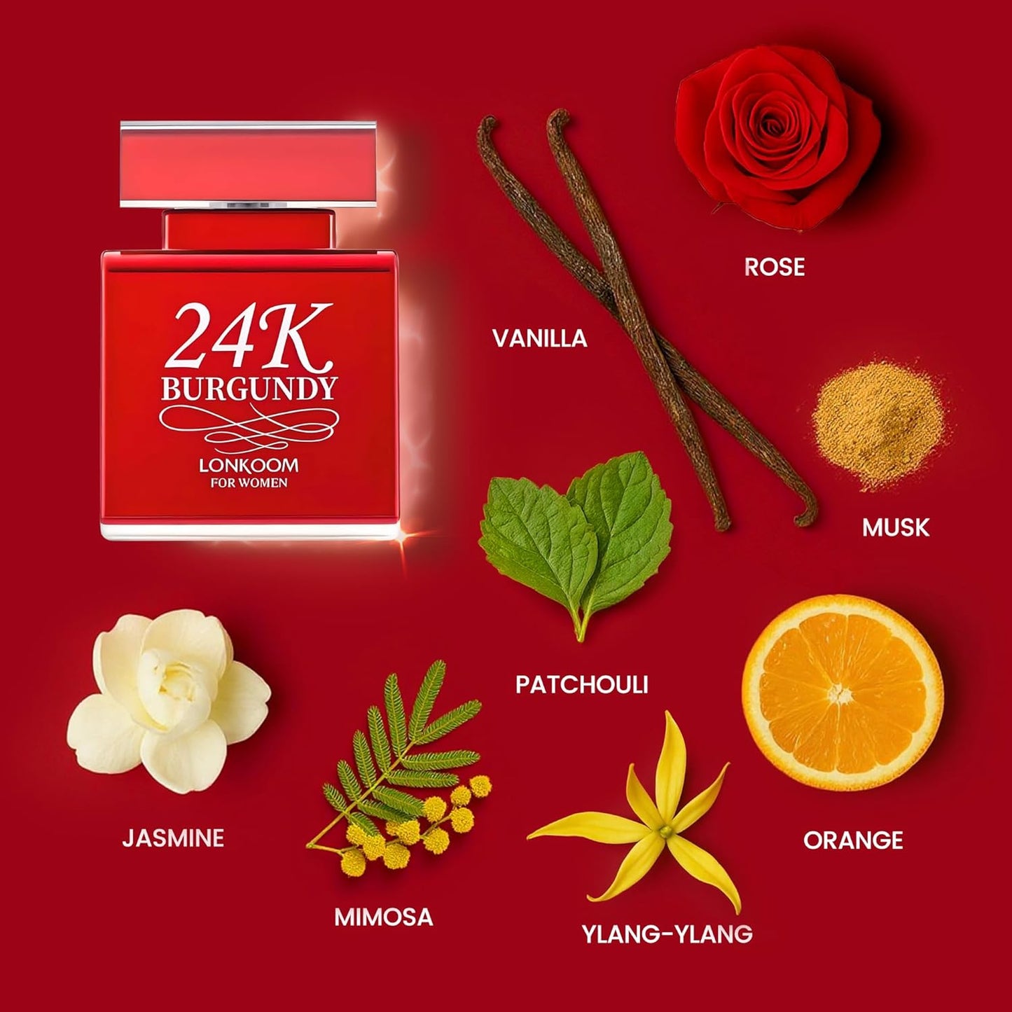 Lonkoom 24K Burgundy Perfume for Women, 3.4 Fl Oz/100ml Sweet Rose Eau de Parfum Spray Long-Lasting Fragrance, Oriental Floral Notes of Rose Orange Blossom Musk Vanilla Tangerine Bergamot Jasmine