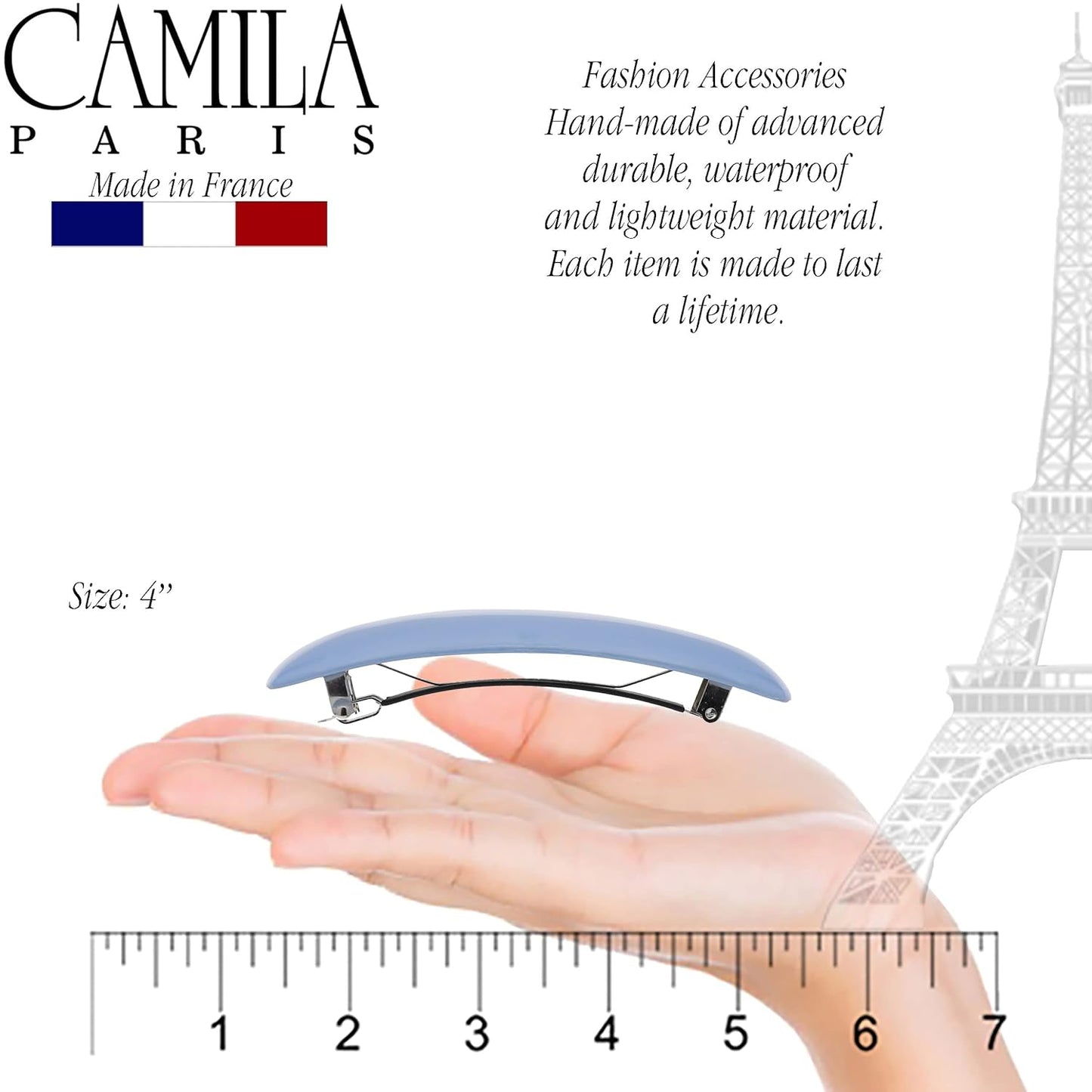 Camila Paris CP3441 French Hair Barrette Clip for Girls, Blue, Rubberized Automatic Clasp Strong Hold Grip Hair Clips for Women, No Slip and Durable Girls Hair Accessories, Made in France