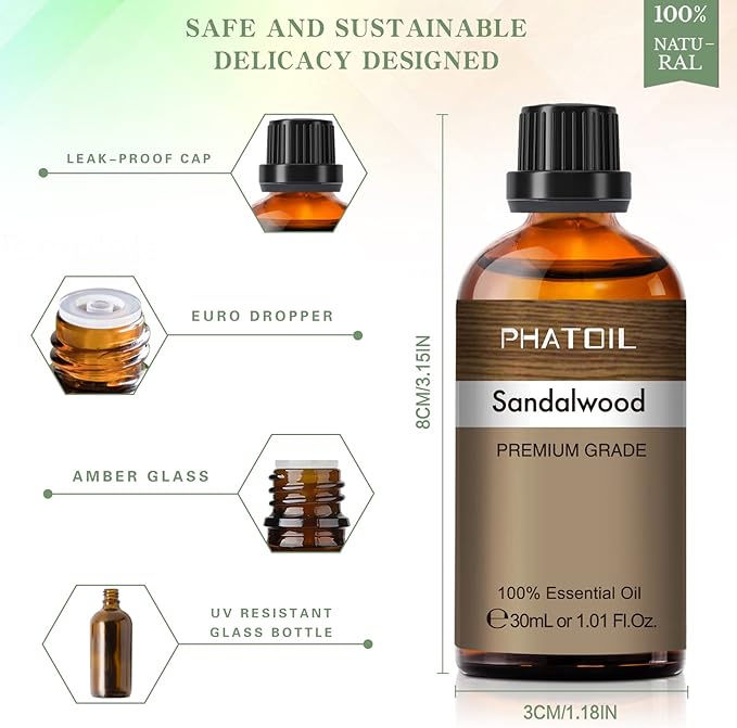 Sandalwood Essential Oil, 1.01Fl.Oz (30ML) PHATOIL Pure Essential Oil Singles for Aromatherapy Diffusers, Humidifiers, Great for DIY Candle and Soap Making, Gift for Friend