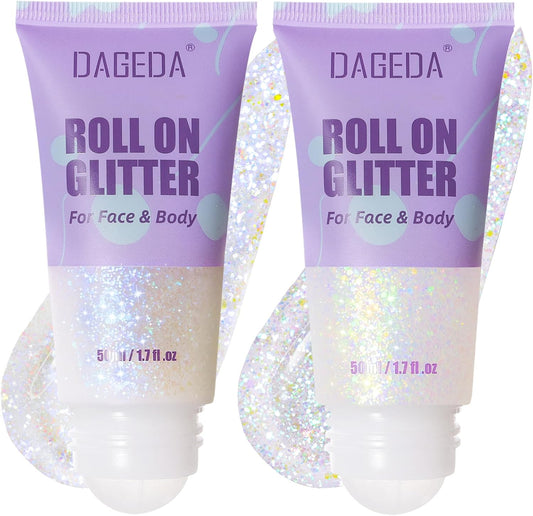 DAGEDA 2 Colors Roll-on Body Glitter, Eye Face Glitter Gel for Festival Outfit Mermaid Accessories,Holographic Color Body Shimmer Makeup Rave Outfits Accessories for Women(03+04)