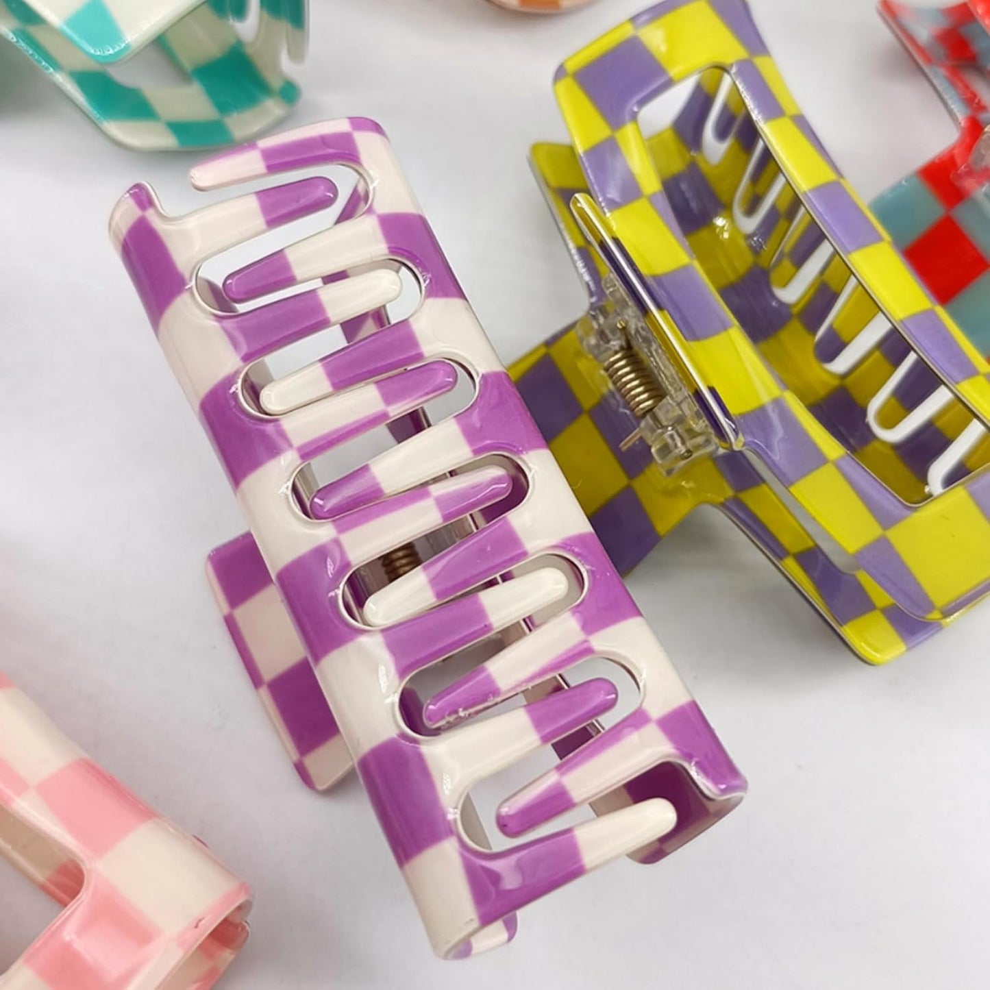 SINIDE Checkered Hair Claw Clips, Rectangle Bright Multicolored Square Checker Barrettes for Women Ladies Medium Non Slip Jaw Clip Acrylic Claw Clamps Accessories for Thin Thick Hair (4 Pack)