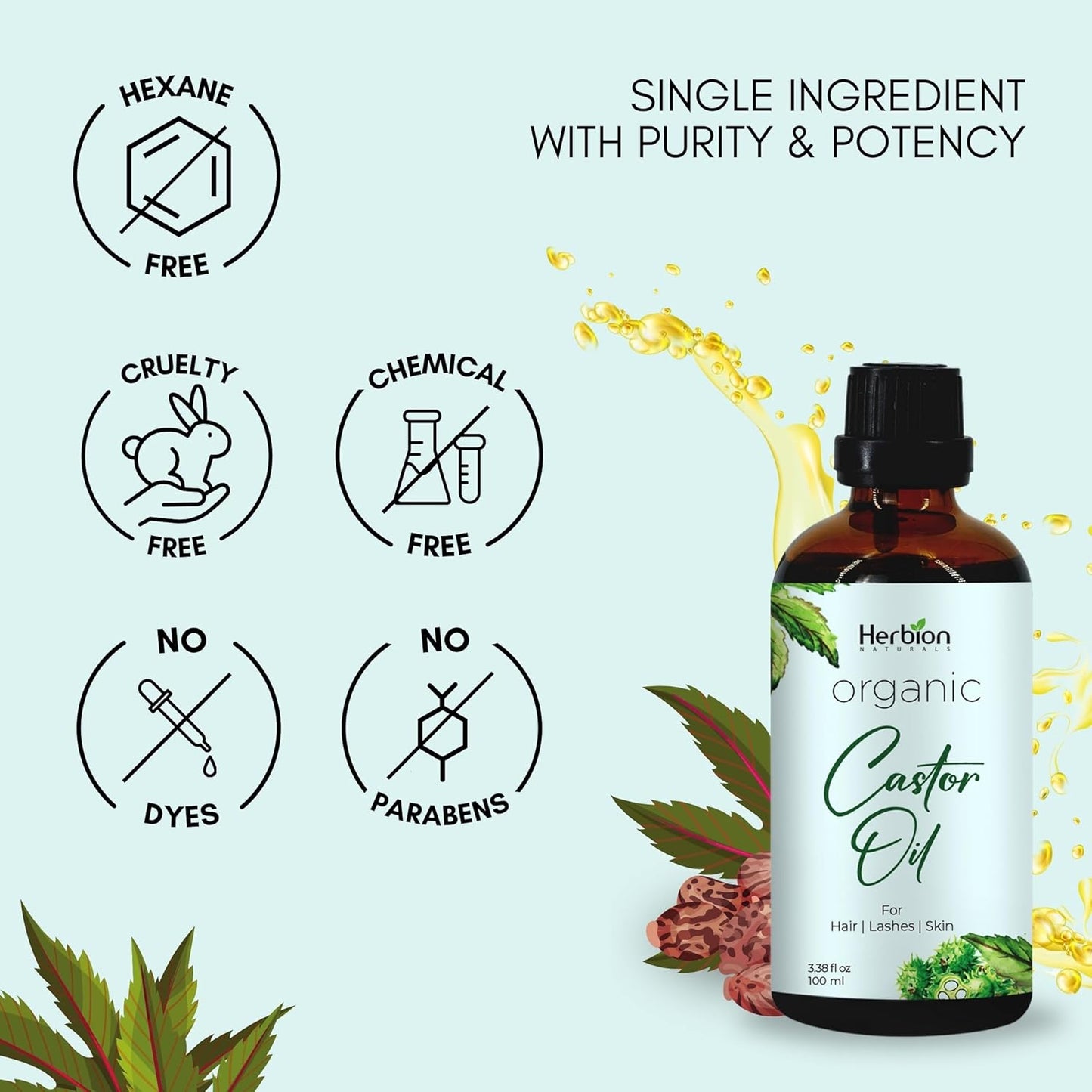 HERBION Naturals Organic Castor Oil USDA Certified, 100% Pure, Cold Pressed, Hexane-Free. Moisturizer & Hair Treatment. Glass Bottle w/Dropper, 3.38 Fl Oz