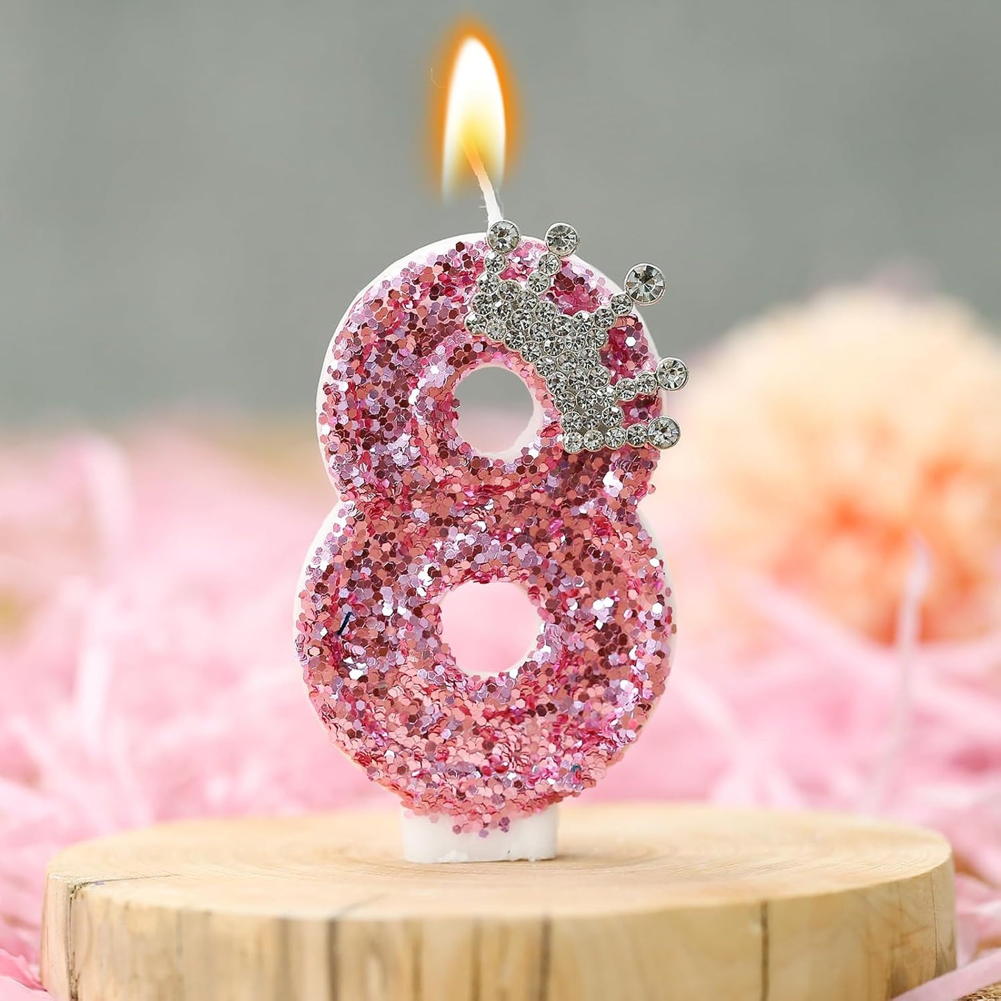 Birthday Number Candles,Pink Crown Birthday Candles for Cake,Glitter Number 8 Candle Cake Topper with Sequins for Girls,Women, Anniversary Celebrations Supplies (Pink 8)