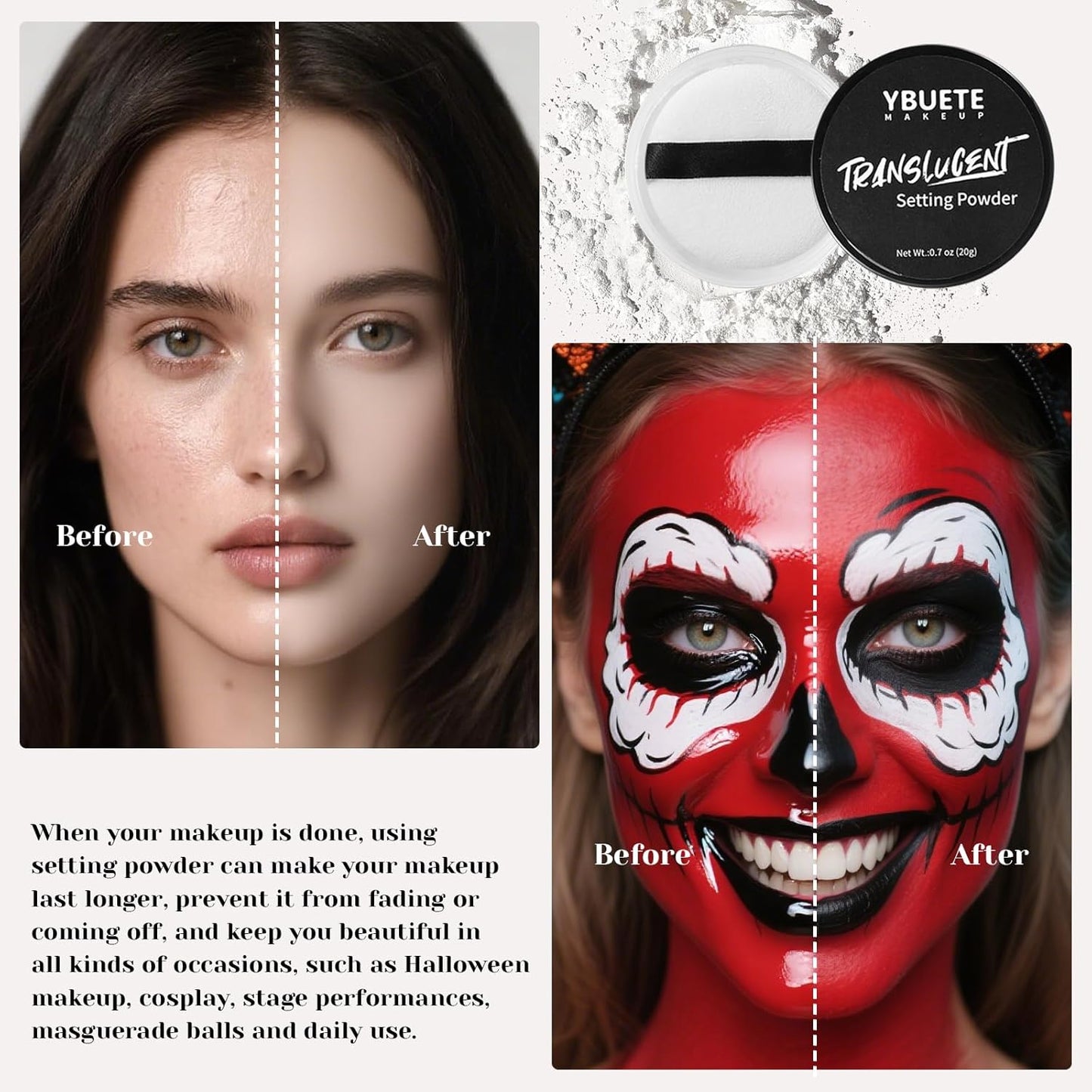 Black White Green Face Body Paint Stick Set with Translucent Setting Powder and Sponges, Professional Full Coverage Face Painting for Adults Halloween Cosplay SFX Skeleton Witch Hulk Makeup