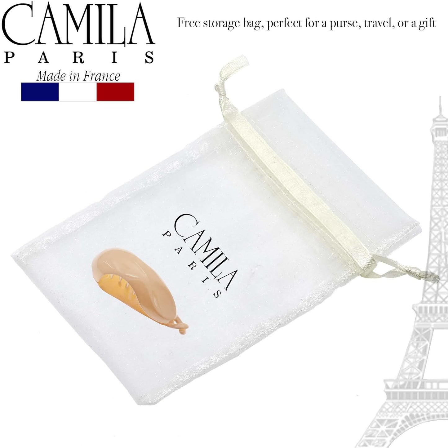 Camila Paris CP3044 2.75 Inch Small Hair Clips for Women Beige, Strong Hold Decorative, Durable Styling Girls Hair Accessories. Hair Ponytail For Women with Curly Thick Hair. Made in France