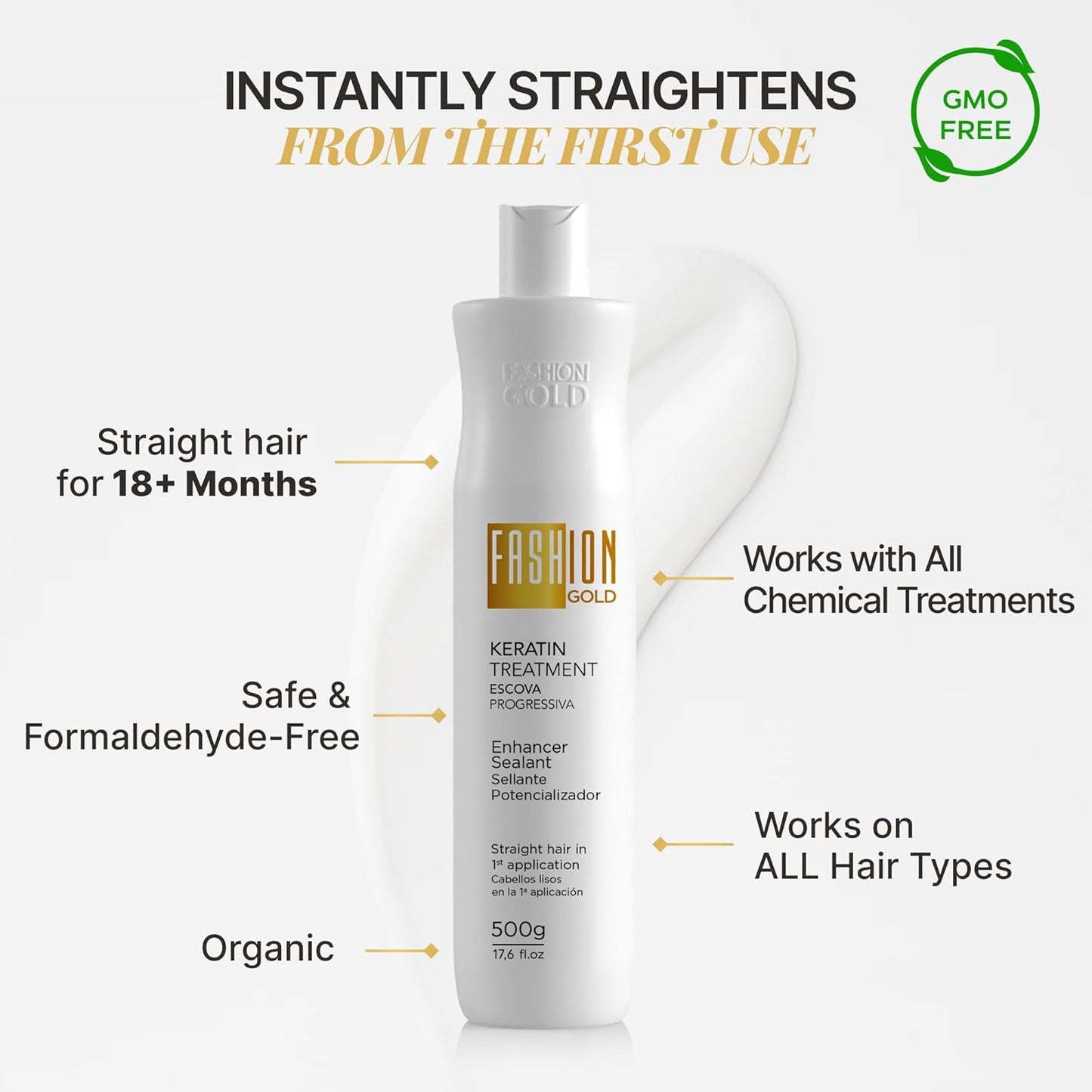 FASHION GOLD Keratin Hair Treatment (10 USES per Bottle), Keratina para Alisar el Pelo, Hair Botox Treatment, At Home Keratin Treatment, Alisados Organicos SIN FORMOL, Verdadera Keratina Brasileña