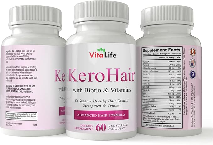 KeroHair Complete Supplement with Vitamins and Biotin I 60 Capsules for Strong and Healthy Hair Growth - Prevents Hair Loss | Approved* Enriched with Extra Biotin and Vitamin B