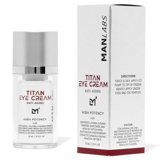 Titan Mens Eye Cream Anti Aging Bags & Dark Circle - Eye Bags Treatment for Men, High Potency Wrinkle Cream for Men, Herbal Extracts, Peptides for All Skin Types - Unscented, 0.5 Fl Oz